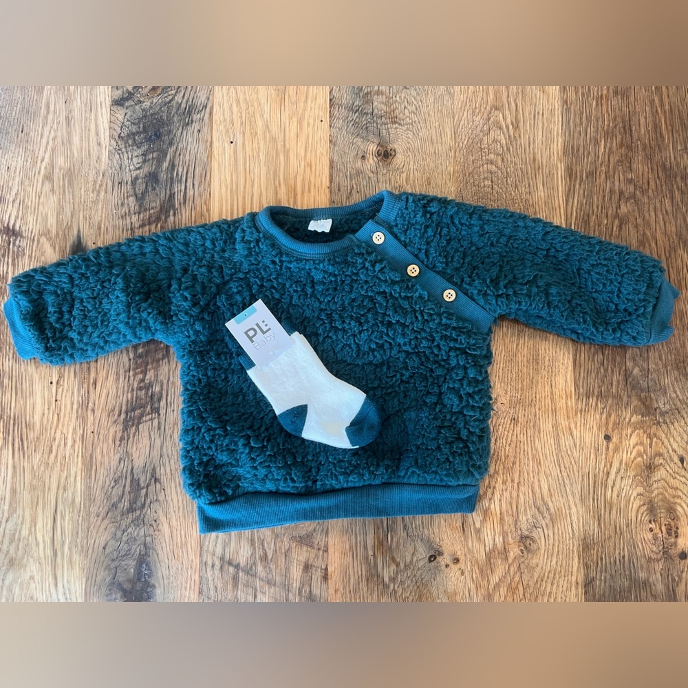 Petit Lem Teal Fleece Baby Sweater with Socks